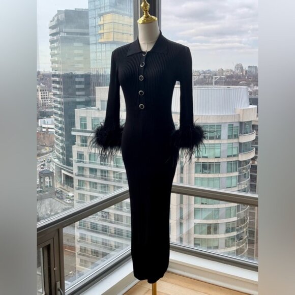 🆕 REBECCA VALLANCE 🧿 NWOT Soraya Feather-Trimmed Knit Midi Dress, Black - Sz S - Picture 3 of 14